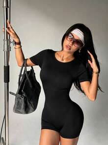 Pure Black Short Sleeve Backless Zipper Ribbed Knit Fitted Jumpsuit, Women's Slimming Butt-Lifting Bodysuit For Fitness, Home, Street And Daily Wear - Black - View 2