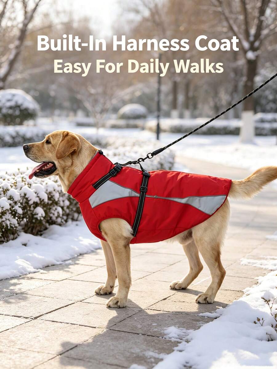 Metglad Dog Winter Coat, All‑In‑One Harness Pet Cold‑Weather Jacket, Night Reflective Dog Snow Coat, Fleece‑Lined Belly‑Protection Outdoor Vest For Small Medium Large Dogs - Red - View 1