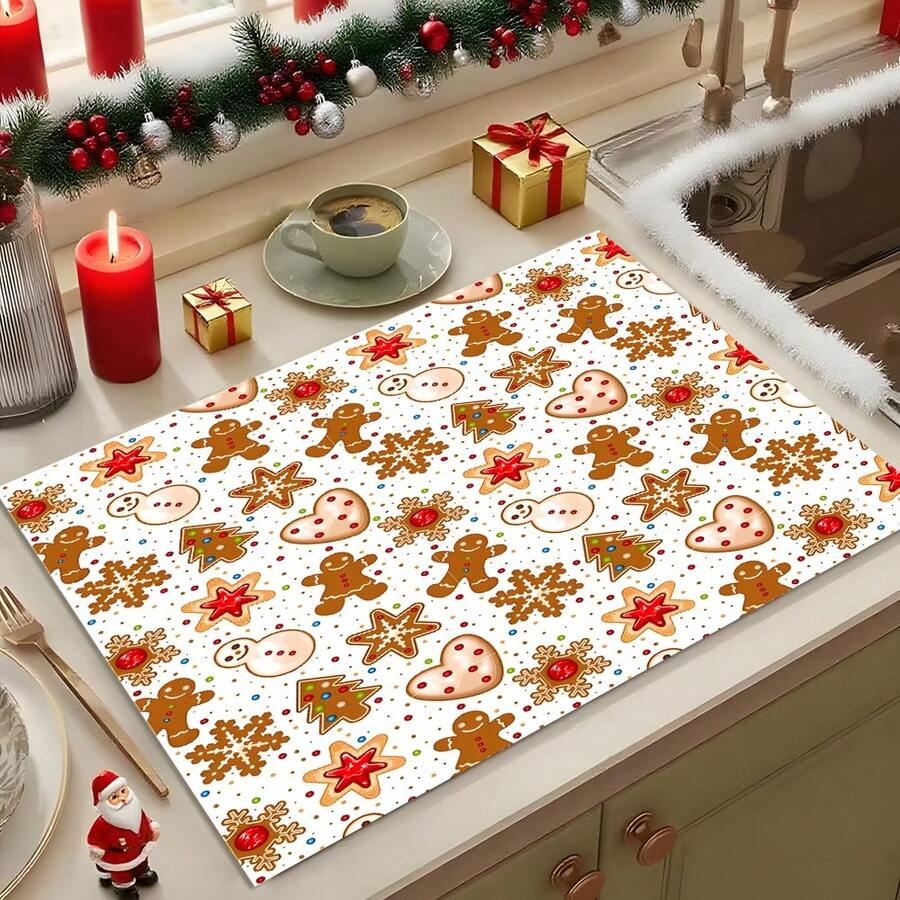 1pc Christmas Gingerbread Man Pattern Diatomaceous Earth Absorbent Dish Drying Mat, Cartoon Style, Suitable For Kitchen Countertop, Home Dining Table Decor, Coffee Machine Mat, Breakfast Mat, Table Mat And Holiday Party Decoration - Multicolor - View 1