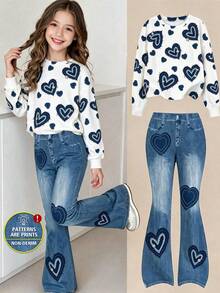 Girls Big Kids Spring/Autumn Heart Print 2 Pieces Set, Round Neck Long Sleeve Top & Denim Effect Flare Pants, Casual Outfit - Blue - View 1