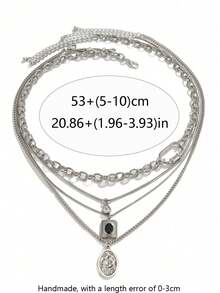 4pcs Men's Necklace Set, Silver Metal, Thick & Thin Chain Geometric Pendant Inlaid With CZ, Hip-Hop Personalized Versatile Necklace Suitable For Party & Gathering Outfits - Silver - View 4