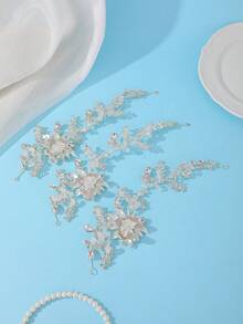3pcs Bohemian Style Rhinestone Flower & Leaf Hair Accessories Bridal Side Headpiece For Wedding Styling - Silver - View 5