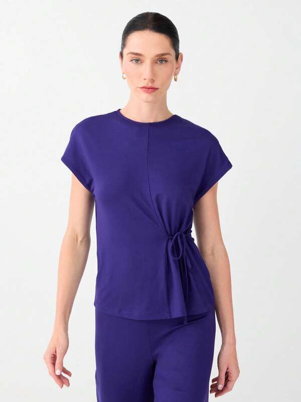 Women's Olive Green Round-Neck Blouse – Short-Sleeve Top With Tie Detail
