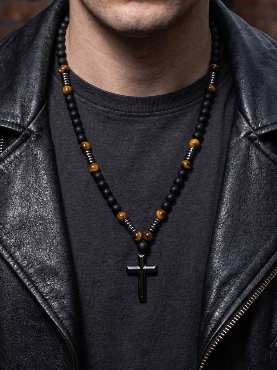 1pc Autumn/Winter Artificial Tiger Eye Stone Vintage Casual Men's Long Cross Necklace Sweater Chain - Multicolor - View 1