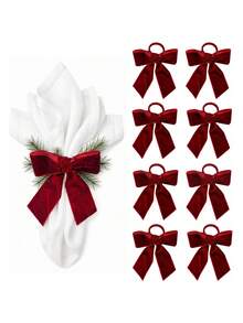 1/2/6pcs Christmas Velvet Bow Napkin Rings, Reusable Burgundy Bow Napkin Holders, Elegant Table Decor Napkin Rings, Suitable For Christmas Holiday Dinner, Wedding Banquet, Family Gathering And Other Table Settings - Red - View 9