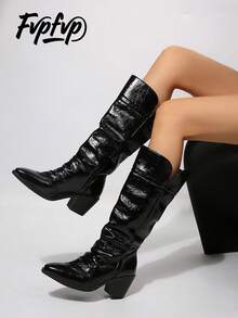 FVPFVP Sepatu Bot Wanita Bertumit Tinggi Model Slouch, Sepatu Bot Panjang Setinggi Lutut Bertumit Tebal Ujung Lancip untuk Musim Gugur/Dingin, Sepatu Bot Berkuda Ramping dengan Detail Kerut - Hitam - View 1