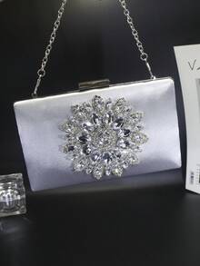 女款長方形硬殼晚宴手拿包，向日葵水鑽貼花圖案，新娘華麗風，適合婚禮、舞會、宴會，可斜跨 - 銀色 - 查看 3