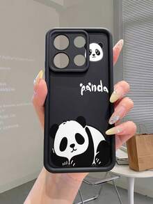 1pc Fashion Pure Android TPU Material Sleeping Panda Element Pattern Lens Protection Thick Anti-Fall Anti-Fingerprint Black Diamond Sand Phone Case Suitable For Samsung/Transsion/HONOR/ - Black - View 2
