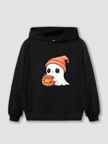 1pc Girls Halloween Sweatshirt, Pumpkin Cup And Little Ghost Print, Long Sleeve Pullover, Suitable For Girls Daily Wear, Party, Holiday Gift - Black - View 2