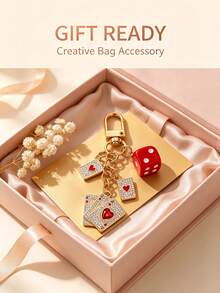 Dice Pendant Keychain With Poker Elements, Rhinestone Poker Charm Keychain, Creative Personalized Bag Charm, Fashion Alloy Keychain Ring, Backpack Pendant Car Keychain, Classic Minimalist Keychain Suitable For Women's Daily Use, Decorative Accessory, Packaging Accessory, Perfect Gift For Friends, Family, Couples, Girlfriend, Important Gift, Mother's Day Gift - Multicolor - View 7