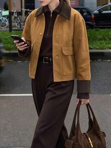 Jaket Pendek Wanita Musim Gugur dengan Kancing Depan, Manset dan Kerah Bergaris Kontras, Mantel Elegan untuk Perayaan Liburan dan Aktivitas Sehari-hari - Mocha Brown - View 9