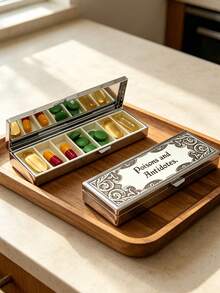 "Poisons And Antidotes" Printed Pill Box, Vintage European Style Pill Storage Box, Pill Dispenser Box, Portable Pill Dispenser, Precise 1-2 Pill Dispenser, Convenient Medication Storage Box, Easy-To-Use Design, Plastic Material, Portable Travel Pill Box, Dispenser Box, Large Capacity Medication Box, Back To School Season, Back To School Gift, Mother's Day Gift, Halloween Gift, Suitable For Travel, Outings, Vacations, Shopping, Commuting, Teacher's Day - Multicolor - View 4