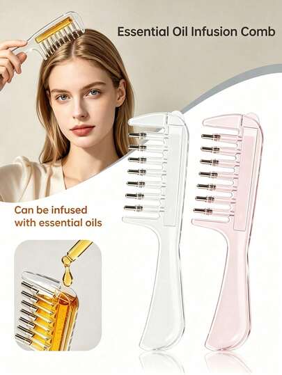 2pcs/1pc Transparent Multi-Function Scalp Massage Comb, Unisex, Wide Tooth Comb, Transparent/Pink, Equipped With Transparent Plastic Metal Roller Bristles, Perfect For Hair Oil Application, Soothing Scalp Massage, Even Applying Essence, Ideal For Daily Home Hair Care, Travel Styling, Perming, Dyeing And Salon Treatment, Nourishes Hair, Smooth Without Leaking Oil, Promotes Hair Growth, Home Essential, Ideal Gift For Friends And Family