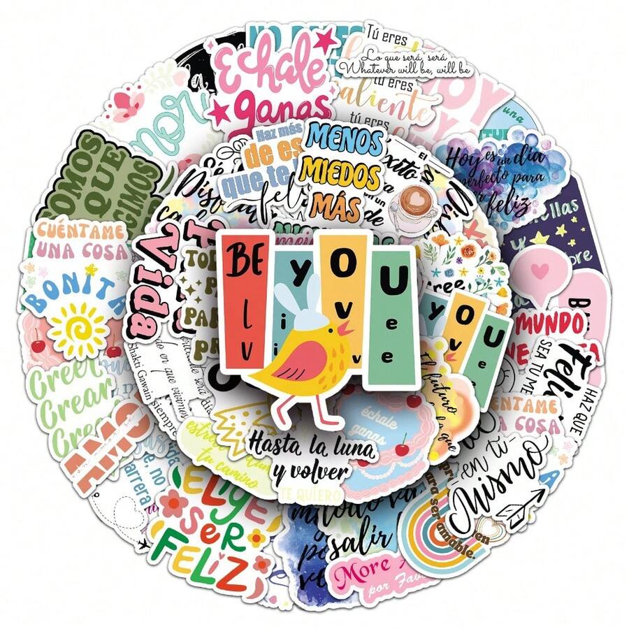 50 pièces Autocollants de citations inspirantes espagnoles de haute qualité, peuvent être utilisés pour le scrapbooking, les journaux, les ordinateurs portables, les pare-chocs, les planches à roulettes, les bouteilles d'eau, les ordinateurs, les téléphones, etc., ajoutez du plaisir à votre vie, cadeaux d'anniversaire, cadeaux de Pâques, cadeaux de Noël, cadeaux de la Saint-Valentin, choix de cadeau parfait pour la rentrée scolaire. - 50 pièces - Voir 1