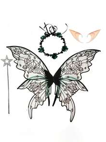 Shiny Butterfly Fairy Wings Costume Set, With Flower Crown, Elf Ears And Magic Wand. Suitable For Halloween Role-Playing And Party Events. - Multicolor - View 18