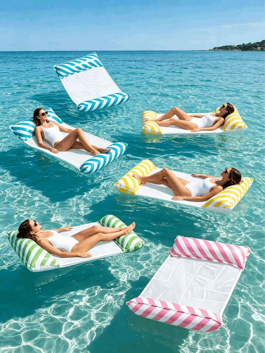 chongqishuishangfuchuang 1pc Inflatable Floating Bed, Minimalist Dual-Tube Design, Striped Pattern, PVC Material, Suitable For Water, Swimming Pool, Beach, Theme Party, Inflatable Water Float, Floating Resting Seat, Requires Separate Air Pump Purchase, Summer Essentials - Double-tube Diagonal Stripes - View 1