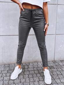 Women's Casual PU Leather Drawstring Jogger Pants Stylish Long Skinny Trousers With Pockets, Medium Stretch, Perfect For Fall - Grey - View 1