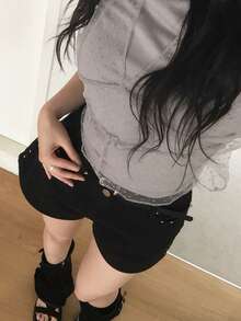 休閒鉚釘裝飾百搭短褲（無腰帶）黑色 - 黑色 - 查看 6