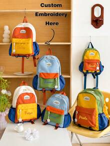 Personalized Colorblock Backpack With Personalized Name, Travel School Bag, Stylish Contrast Color Casual Daypack, Lightweight Backpack For Daily, Back-To-School 2026 Essential - Multicolor - View 2