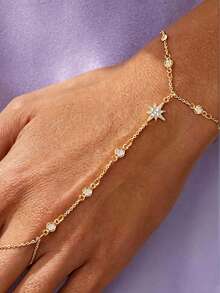 1pc Women's Elegant Minimalist Copper Inlaid CZ Gold Starburst Finger Bracelet, Suitable For Daily, Party, Date Wear, Jewelry Gift - Gold - View 6