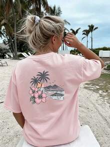 Yellow Women's T-Shirt With Tropical Print - Loose-Fitting Short-Sleeved Top For Beach Holidays With Palm And Hibiscus Pattern, Soft, Comfortable - Pink Color - View 2