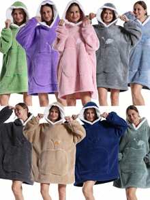 Large Hooded Blanket Bathrobe, Soft Fluffy Coral Fleece Long Robe, White Lambswool Lining, Hooded, Leaf Embroidery Detail, Large Front Pocket, Loose Warm, Suitable For Sofa Leisure - Multicolor - View 8