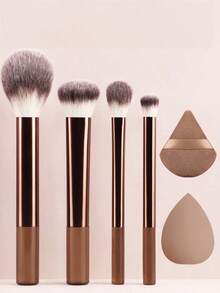 Multifunctional Makeup Brush Set, Including Powder Brush, Blush Brush, Foundation Brush, Eyeshadow Brush, Blending Brush, Contour Brush, 1 Round Makeup Sponge And 1 Powder Puff - Brown - View 6