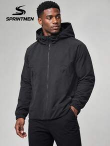 1 buah Jaket Pria Hitam Berkerudung dengan Tali Serut, Lengan Panjang, Desain Saku Resleting, Gaya Sporty Minimalis, Dapat Dicuci dengan Mesin, Cocok untuk Jalan-jalan di Kota, Pinggiran Kota, dan Perjalanan Harian - Hitam - View 3