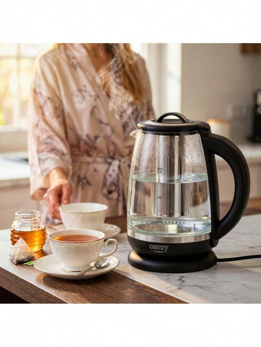 CAMRY Glass Electric Kettle With Tea Infuser & Temperature Control, Glass Tea Kettle - 2L Capacity, 360 Swivel Base, Stainless Steel Element, Black - EU E Type Plug(220-240V) - View 1