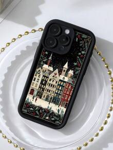1pc Fashionable Personalized Christmas Architecture Snow Scene Aesthetic Pattern Black Perforated Thick Shockproof Anti-Fall Anti-Fingerprint Full Coverage Phone Case Compatible With IPhone 16 Pro Max/16/16 Pro/16 Plus/15/15 Pro Max/15 Pro/11/12/13/14 Pro Max/11 Pro/11 Pro Max/12 Pro/12 Pro Max/13 Pro/13 Pro Max/14 Pro/14 Pro Max Soft Shell Premium Creative - Multicolor - View 4