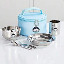 Cuenco de acero inoxidable para niños, taza de agua y cuenco para comida de bebé de doble capa con aislamiento térmico y anti-quemaduras con diseño de dibujos animados lindos, incluye bolsa de almacenamiento para utensilios - Multicolor - Ver 3