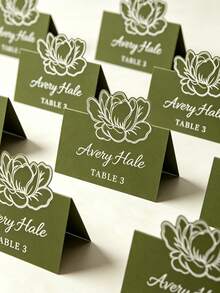 Customized Paper Name Wedding Place Cards, Olive Green Floral Die-Cut Tent Style Table Name Cards, Wedding Banquet Reception Party Table Decor, Suitable For Wedding Banquet, Dinner Party Table Decoration - Multicolor - View 6