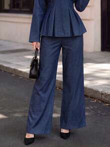 Women's Autumn High Waist Wide Leg Denim Jeans, Casual Straight Leg Pants - Blue - View 2