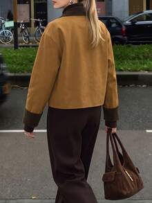 Jaket Pendek Wanita Musim Gugur dengan Kancing Depan, Manset dan Kerah Bergaris Kontras, Mantel Elegan untuk Perayaan Liburan dan Aktivitas Sehari-hari - Mocha Brown - View 2