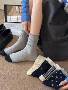 5 Pairs Women's Mid-Calf Socks With Frill Trim, Plaid And Floral Embossed Pattern, Soft Combed Cotton, Versatile Slouch Socks, Japanese Style - Multicolor - View 2