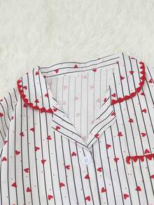 Women's Striped Heart Print Long Sleeve Long Pants Bubble Crinkle Pajama Set - Red - View 4