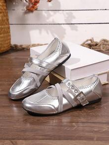 1 Pair Silver Buckle Flat Mary Jane Shoes, Fashionable Collegiate Style - Silver - View 7