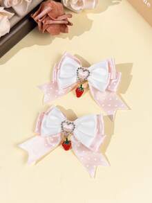 2pcs Polka Dot Satin Bow Hair Clips With Rhinestone Heart & Strawberry Pendant, Sweet Lolita Hair Accessories For Dating, Daily Wear And Photo Shoots - Multicolor - View 9