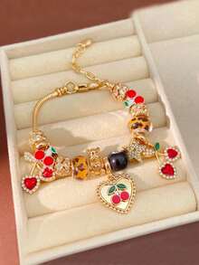 1pc Woman Leopard Print Beaded Bracelet With Heart Cherry Pendant, Adjustable And Detachable DIY String Bracelet, Holiday Gift - Multicolor - View 9
