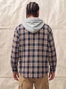Men's Casual Loose Fit Checkered Hooded Shacket With Chest Pocket, Adjustable Drawstring, Versatile For Spring Autumn Spring To Summer - Navy Blue - View 2