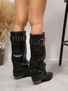Women's Autumn/Winter New European & American Style Pointed Toe Chunky Heel Studded Belt Buckle Ruched Shaft Long Boots, Vintage Western Cowboy Riding Boots, Motorcycle High Tube Boots - Black - View 4