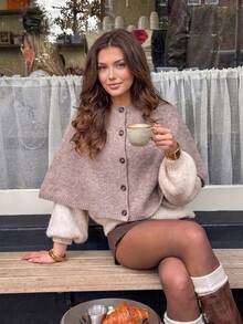 Spring/Autumn Minimalist Commuter Style Cape-Style Knit Cover Up, Round Neck Single-Breasted Ribbed Hem Short Jacket, Daily Commute Casual Streetwear Vacation Layering Versatile Soft Style Women's Open Front Outerwear - Khaki - View 5