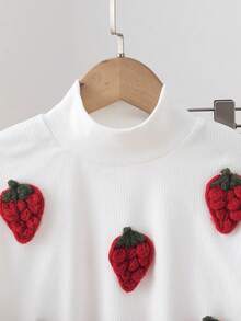 BASUSARRI طقم تي شيرت للبنات من قطعتين، بنطال طويل واسع برقبة عالية صغيرة وتصميم باتسليف مع رقعة فراولة، ملابس حلوة وجميلة ومريحة للخريف/الشتاء للمواعدة والخروجات والحفلات - أبيض - مشاهدة 5