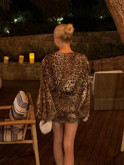 Women's Leopard Print Deep V-Neck Fitted Mini Dress, Long Sleeve Design, Sexy And Elegant, Create A Bold Party Look