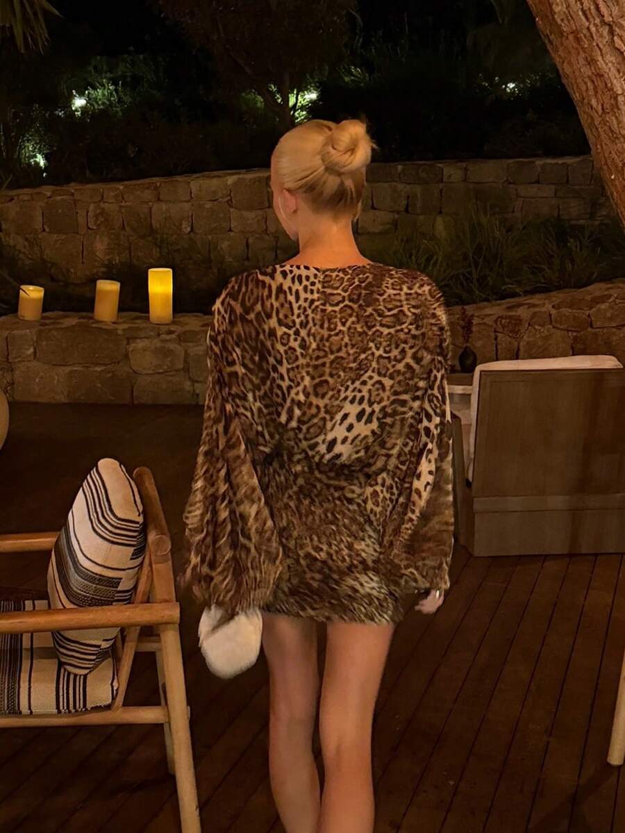 Women's Leopard Print Deep V-Neck Fitted Mini Dress, Long Sleeve Design, Sexy And Elegant, Create A Bold Party Look - Multicolor - View 1