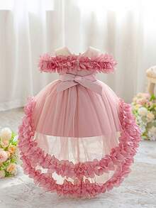 Baby Girls Round Neck Small Bow 3D Ruffle Mesh Cute Flower Girl Train Dress Suitable For Party, Headband Not Included - Dusty Pink - View 6