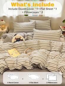 Gray Minimalist Striped 4-Piece Duvet Cover Set, Japanese Neutral Style, Synthetic Fiber Material, Includes 1 Duvet Cover, 1 Bed Sheet, 2 Pillowcases, Does Not Include Duvet Insert And Pillow Insert - Grey - View 5