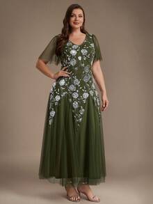 Plus Size Luxury Women's Rose Pattern Sequin Formal Evening Gown, V-Neck Olive Green Formal Mother Of The Bride Dress, Short Sleeve, Suitable For Evening Party - Olive Green - View 7