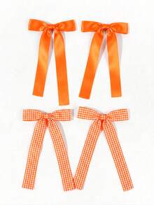 4pcs/1pc Orange Bow Hair Clips For Women, Satin Plaid Long Ribbon Bow Hair Accessories, Suitable For Autumn Halloween Party, Daily Styling - Orange - View 6
