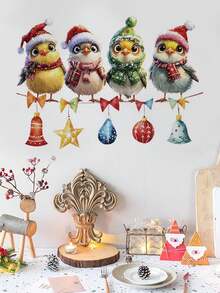 1pc Christmas 4 Birds With Santa Hats Bell Wall Decor Sticker, Removable Holiday Room Decoration For Bedroom, Living Room, Entryway - 1PC - View 1